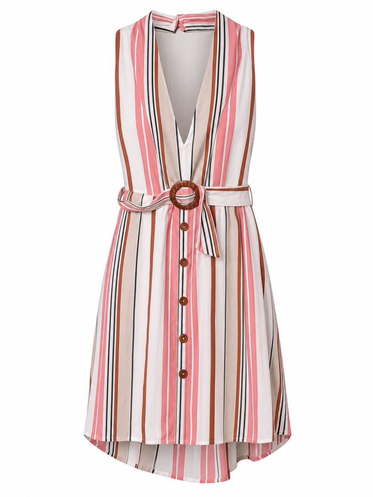 Asos Nwt Festival Summer Linen Blend Neutral Striped Halter Dress Size 14